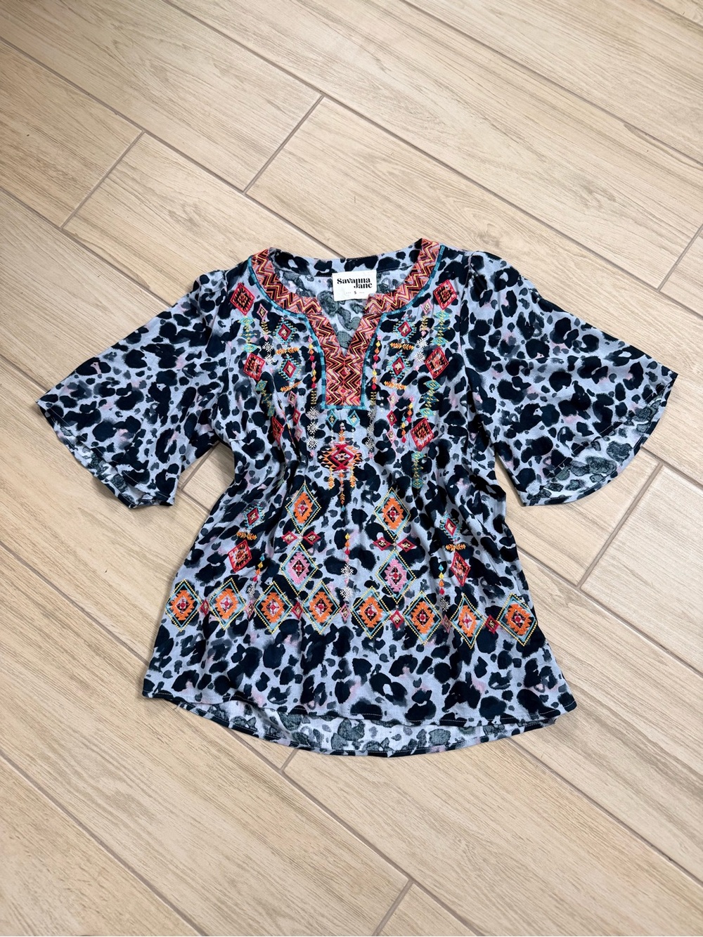 Savanna Jane Leopard Embroidered Boho Tunic Top Small Festival Coastal Chic